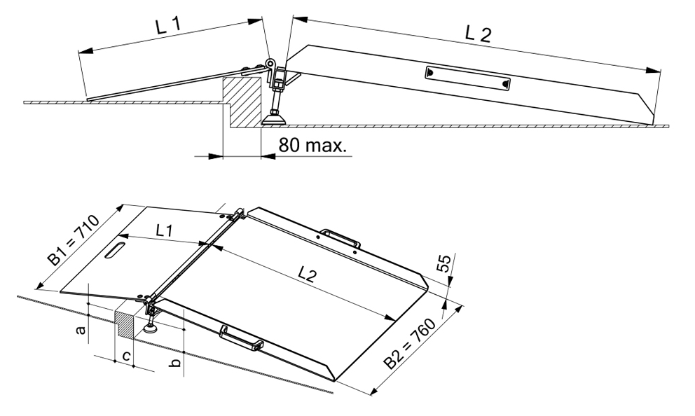 Doppelschwellenrampe | Gesamtlänge: 160cm | Breite: 0,76m | Tragfähigkeit: 300kg